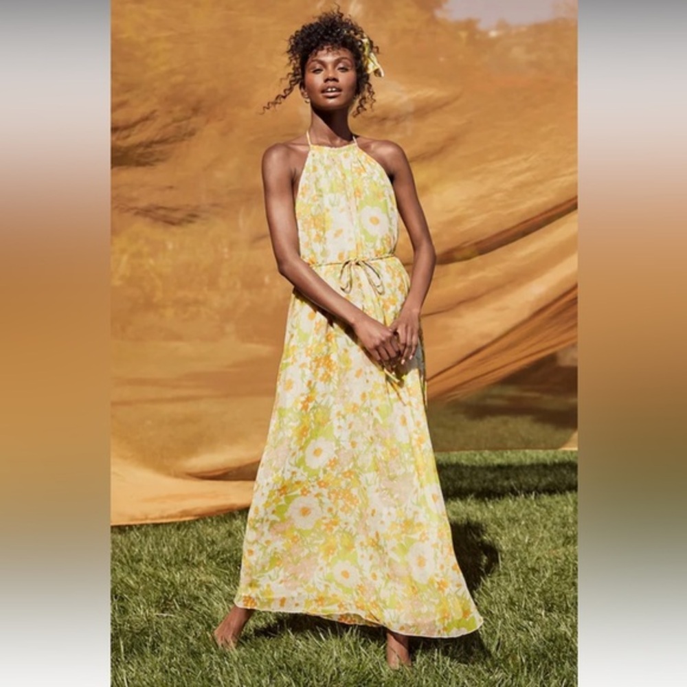Lulu’s Feeling Splendid Green Multi Floral Print Halter Maxi Boho Dress L